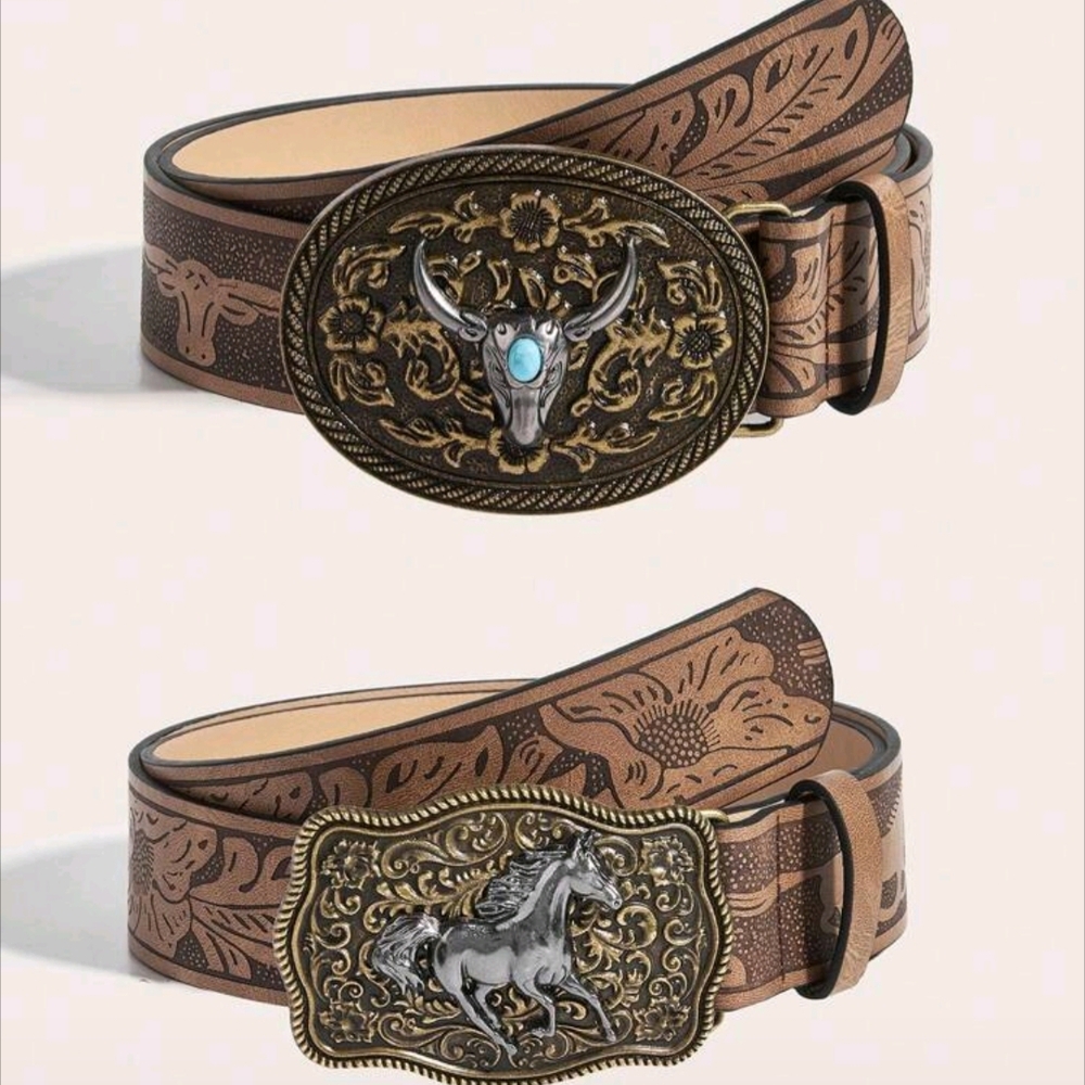Western Style Brown Leather Belts with Ornate Buckles